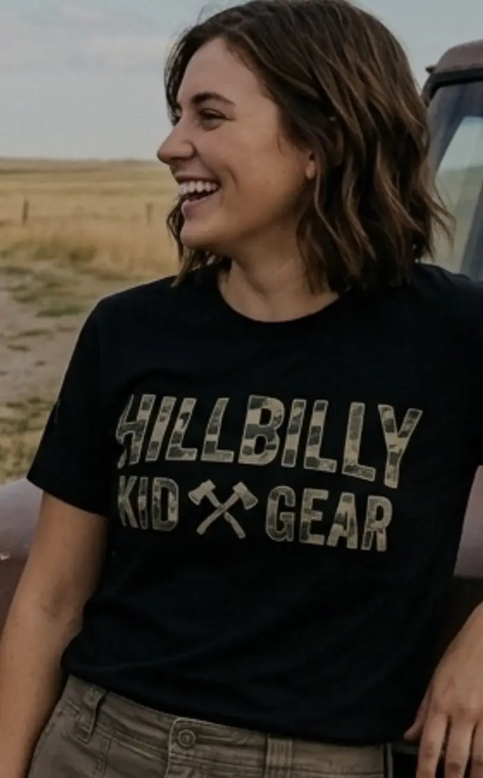 Hillbilly Kid Gear Crossed Axes black tee with gold print