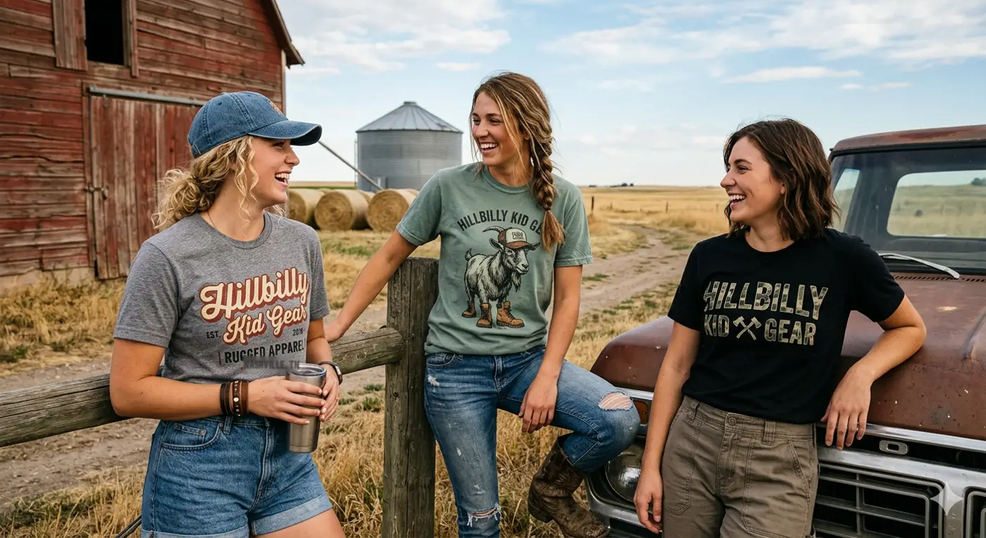 Friends wearing Hillbilly Kid Gear tees on a farm