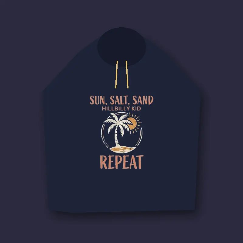 Hillbilly Kid Sun, Salt, Sand, Repeat navy single hoodie with gold drawcords (mockup)