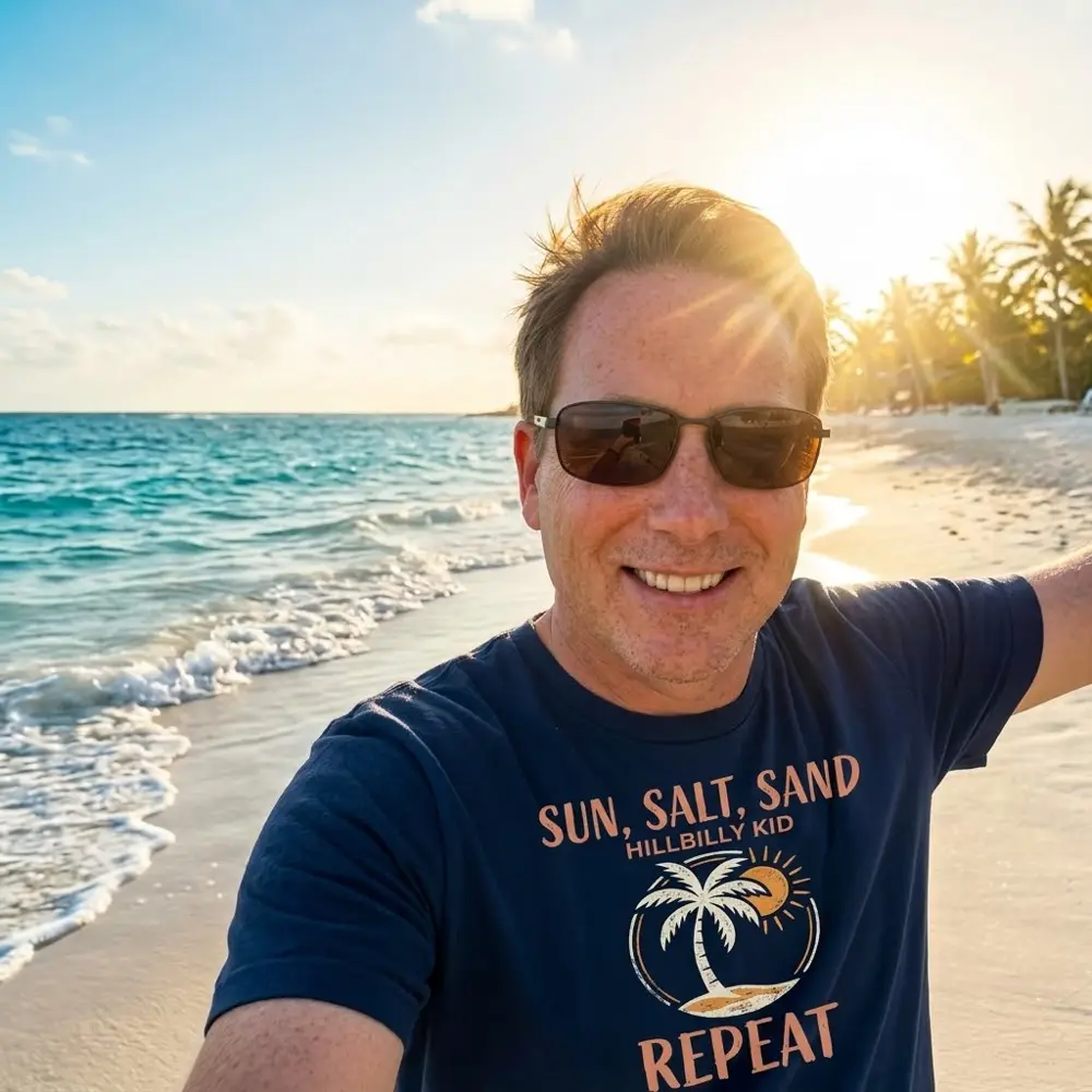Hillbilly Kid Sun, Salt, Sand, Repeat shirt worn on the beach