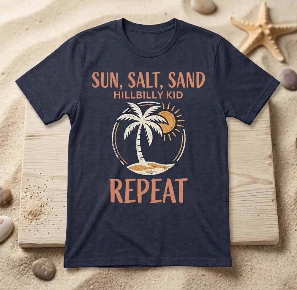 Hillbilly Kid Sun, Salt, Sand, Repeat navy tee flat lay
