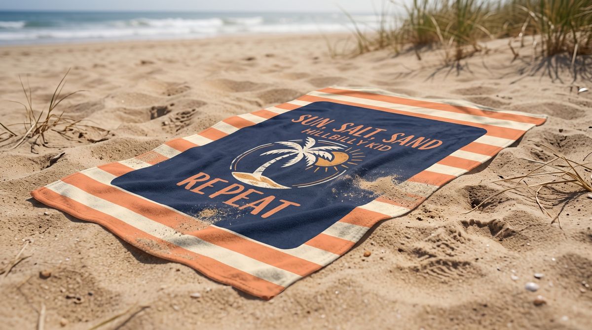 Sun, Salt, Sand, Repeat oversized beach towel, Hillbilly Kid merch