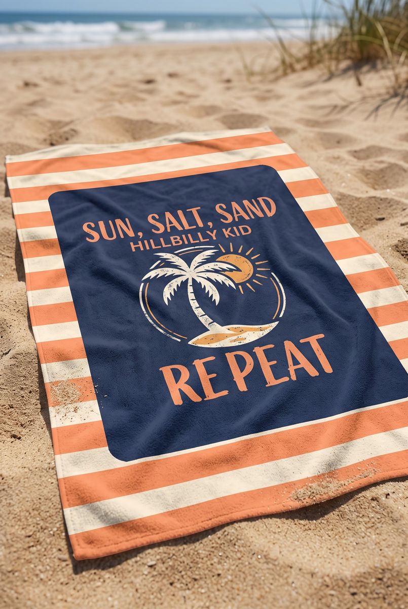 Hillbilly Kid beach towel at the shore